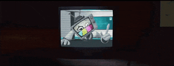 a cartoon character with a tv head is giving a peace sign