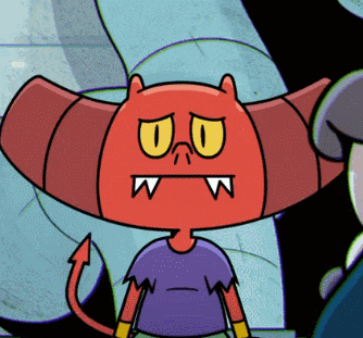 a cartoon devil with a purple shirt and a red tail