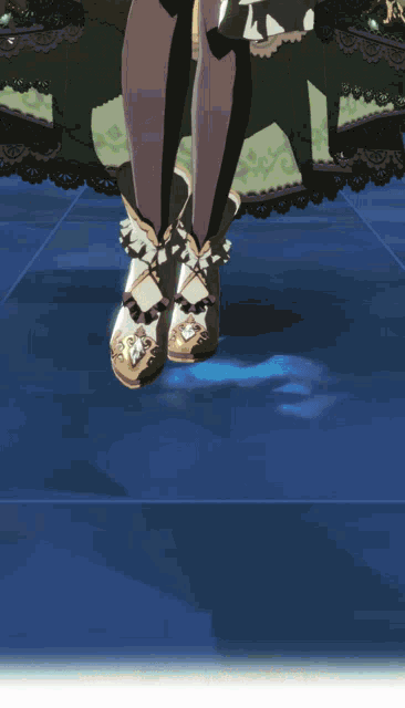 a woman 's feet are shown in a cartoon with a blue background