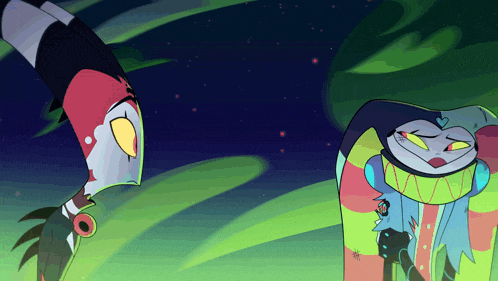 a couple of cartoon characters are standing next to each other in a dark room