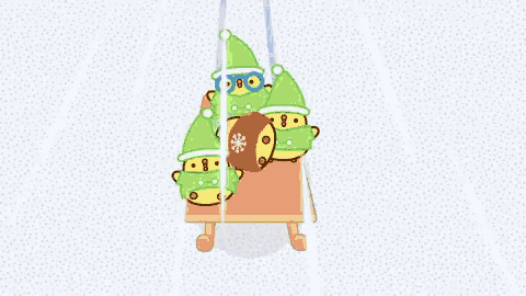 a group of cartoon characters wearing green hats are playing with a red ball on a sled