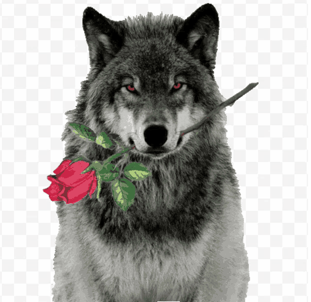 a wolf holding a red rose in its mouth