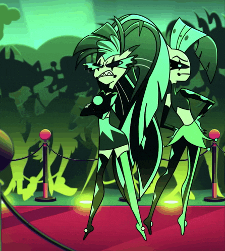 two green cartoon characters are standing on a red carpet