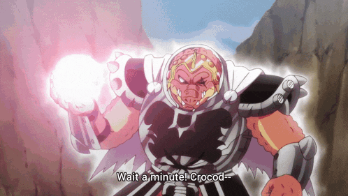 a cartoon character with the words wait a minute crocod on the bottom