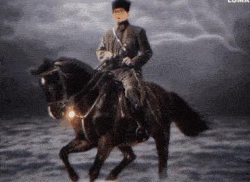 a man riding on the back of a black horse with the word luma on the bottom right