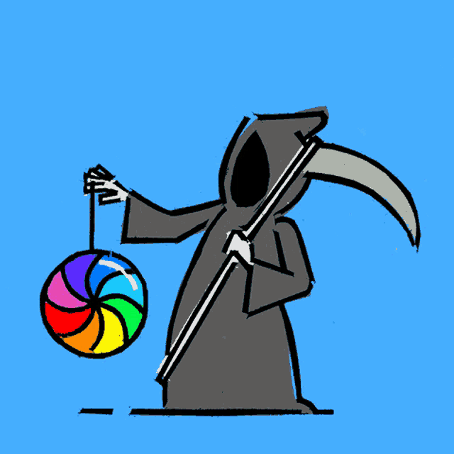 a grim reaper is holding a colorful lollipop
