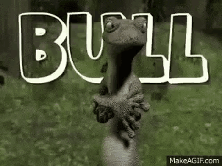 a lizard is smiling in front of a sign that says `` bull shit '' .