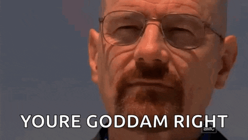a close up of a man 's face with glasses and the words `` you 're goddam right '' .