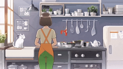 a woman in an apron is standing in a kitchen with a cat and a sign that says you on it
