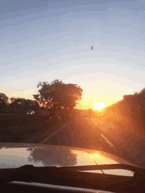 a car windshield shows the sun setting behind trees