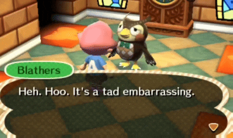 a video game character named blathers is talking to a bird