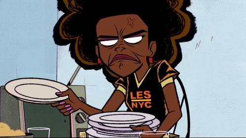 a cartoon woman is holding a stack of plates and wearing a les nyc shirt