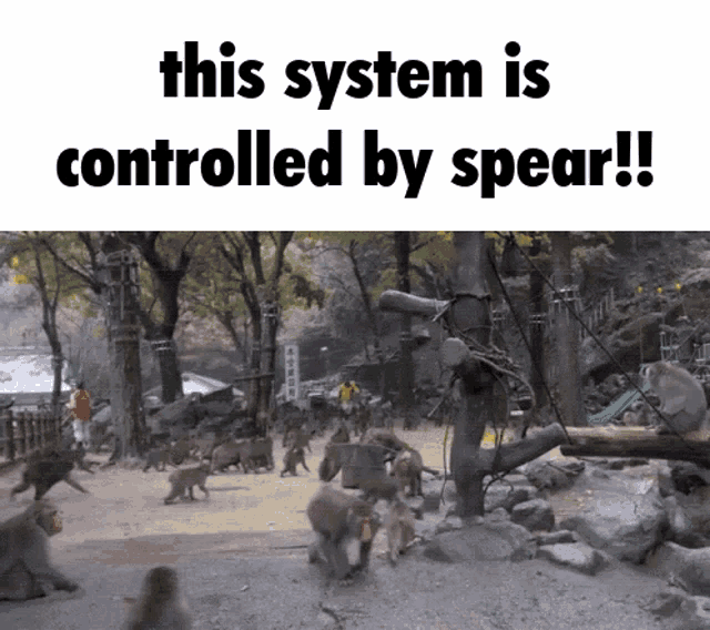 a bunch of monkeys are walking in a park with a caption that says this system is controlled by spear