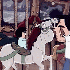 a cartoon of a man taking a picture of a merry go round horse