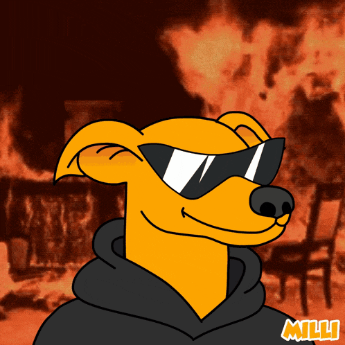 a cartoon of a dog wearing sunglasses and a black hoodie with the name milli on the bottom