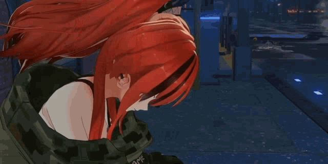 a girl with red hair is wearing a jacket that says " army "