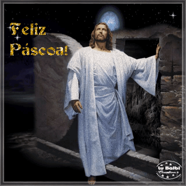 a picture of jesus with the words feliz pascoa on the bottom