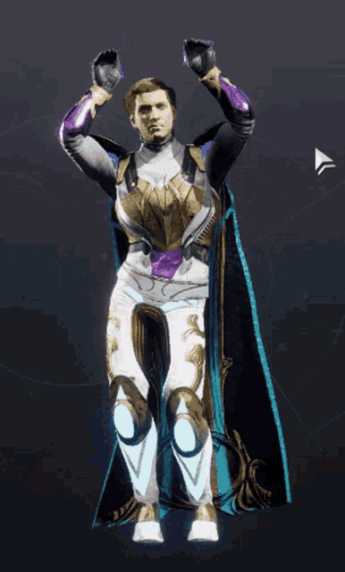 a man in a purple and gold outfit is standing with his arms up