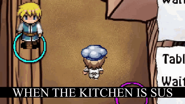 when the kitchen is sus is written on the bottom of a video game