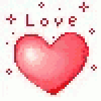 a pixel art of a red heart with the words `` love '' written on it .