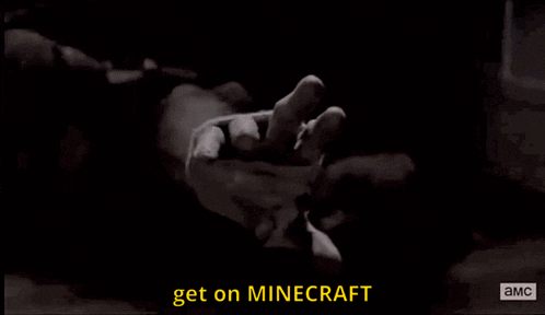 a man in a blue shirt with the words get on minecraft on the bottom