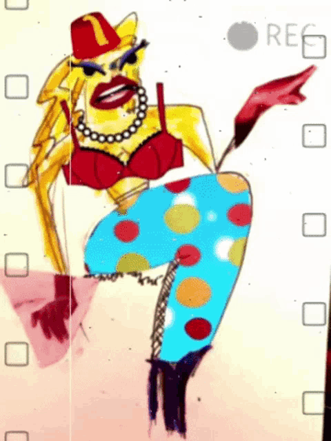 a drawing of a woman in a bra and polka dot pants is being recorded