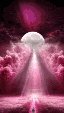 a painting of a person walking in the clouds with a huge white object coming out of the sky