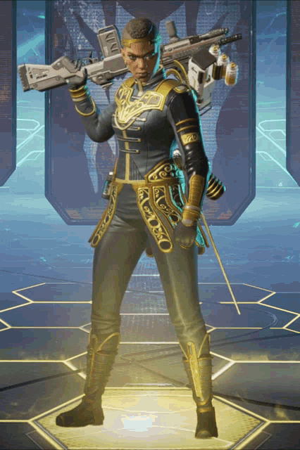 a man in a black and gold outfit is holding a gun and a sword