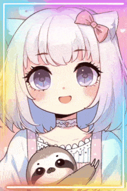 a girl with white hair is holding a sloth and smiling