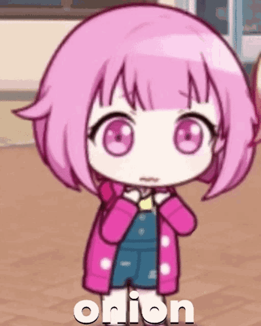 a little girl with pink hair is wearing a pink jacket and blue shorts .