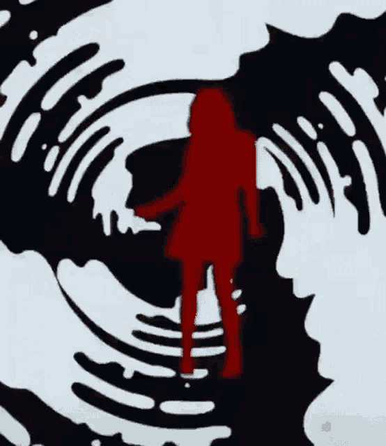 a silhouette of a woman in a red dress is standing in front of a black and white pattern .