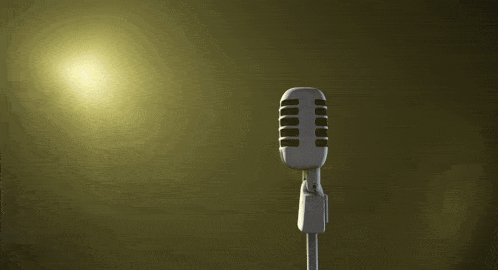 a microphone stands in front of a piggy bank with a yellow background