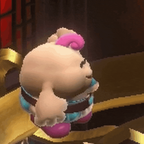 a cartoon character is dancing in a video game while wearing a pink hat .