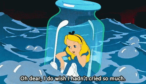 a cartoon of alice from alice in wonderland in a jar