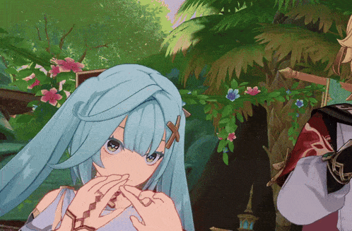 a blue haired anime girl with a cross on her head