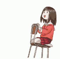 a cartoon of a girl sitting on a chair with her hands folded .