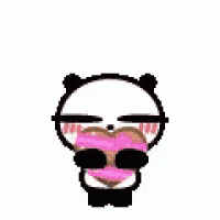 a panda bear is holding a pink heart on its head .