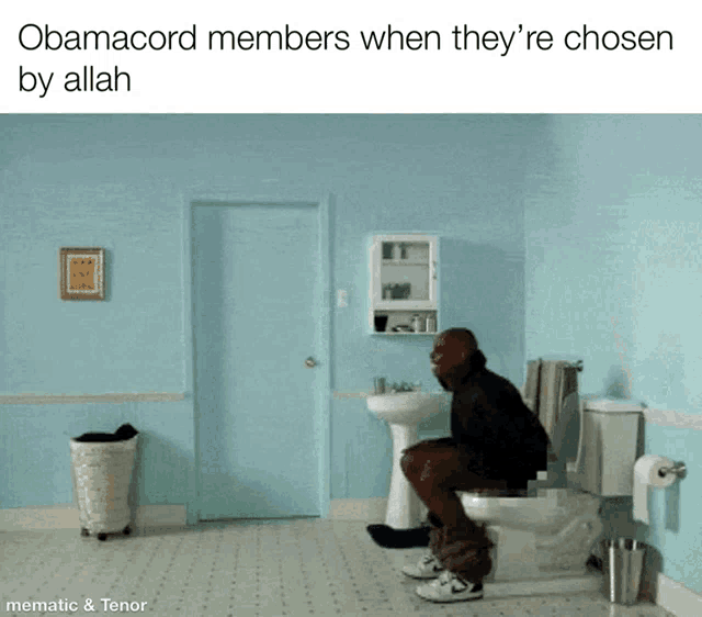 a man is sitting on a toilet in a bathroom with the caption obamacord members when they 're chosen