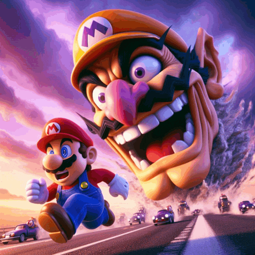 a cartoon of mario and wario running down a highway