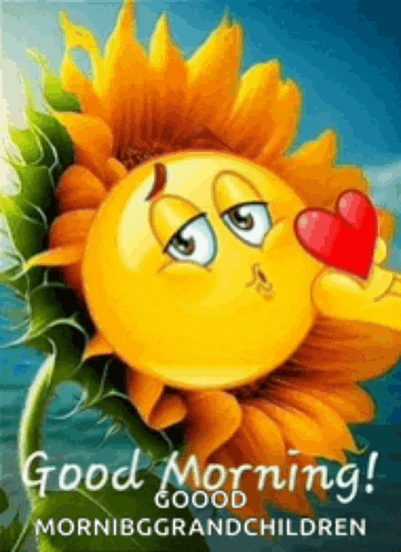 a sunflower with a smiley face on it and a red heart in its mouth .