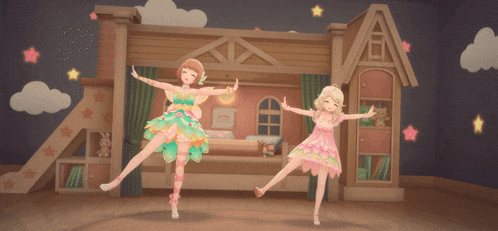 two girls are dancing in front of a bunk bed in a room