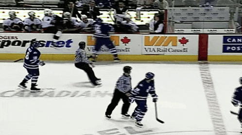 a hockey game is being played in front of an advertisement for rogers sportsnet