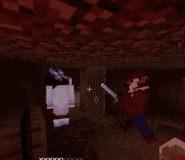a person in a red shirt is standing in a dark room with the name pecannn on the screen
