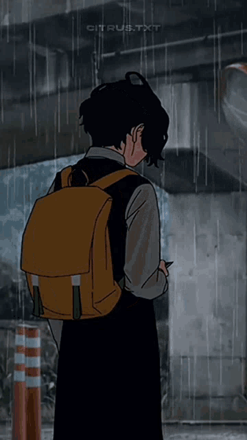 a drawing of a girl with a backpack standing in the rain by citrus.txt