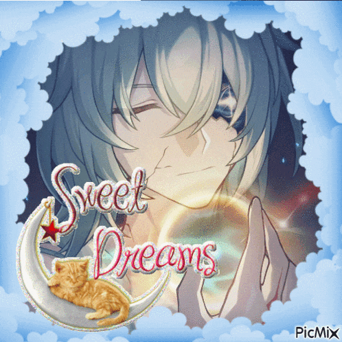 a picture of a boy and a cat with the words sweet dreams