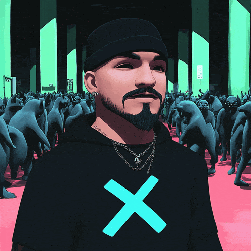 a man wearing a black hoodie with a blue x on the front