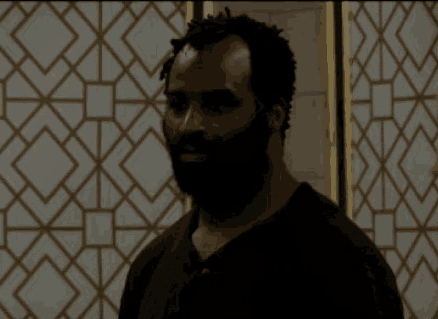 a man with dreadlocks and a beard stands in front of a screen