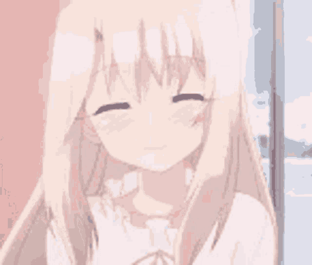 a girl with long blonde hair is smiling with her eyes closed and wearing a pink dress .