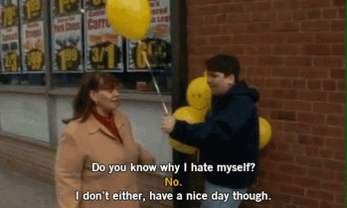 a man is holding a yellow balloon next to a woman who says do you know why i hate myself no