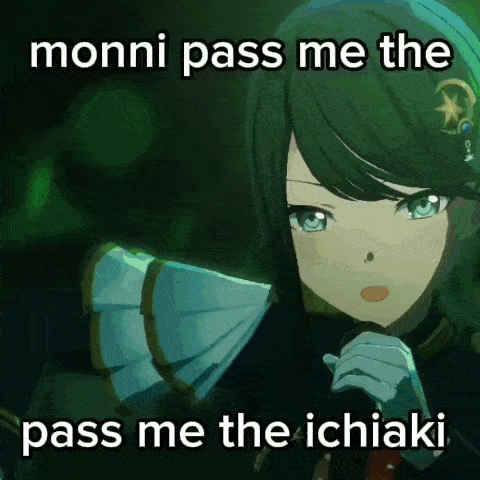 a picture of a girl with a fan and the words " monni pass me the pass me the ichiaki "